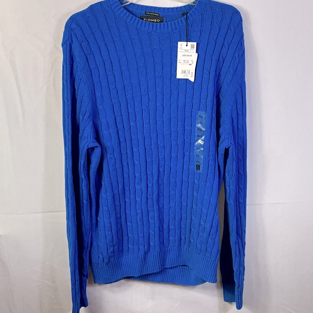 Piombo Italian Blue Cotton Cable Knit Crewneck Sweater Size XXL New